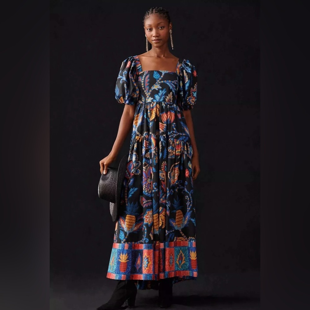 Anthropologie Farm Rio Puff-Sleeve Maxi Dress Size XS